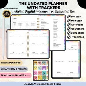 Undated Planner Monday Sunday Digital Goodnotes Notability All-In-One for iPads Tablets Best Digital Planner iPad Monthly Planner