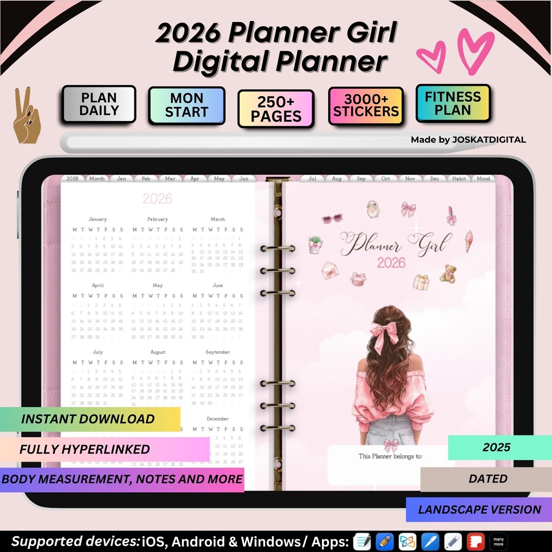 All-in-one 2026 Girl Digital Planner iPad Goodnotes Notability ...