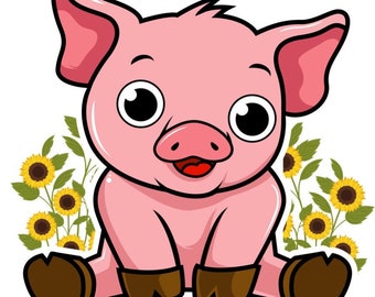 May include: A cartoon illustration of a pink piglet sitting in a field of sunflowers. The piglet has a happy expression and is wearing brown boots.