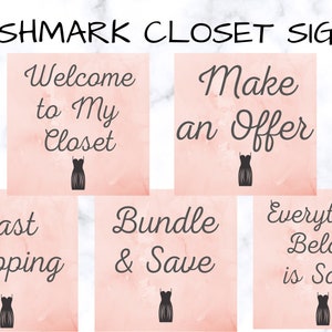 Könnte beinhalten: Fünf rosafarbene und weiße Schilder im Aquarellstil mit schwarzem Text und einer schwarzen Silhouette eines Kleides. Die Schilder lauten "Willkommen in meinem Kleiderschrank", "Mach ein Angebot", "Schneller Versand", "Paket & sparen" und "Alles darunter ist verkauft".