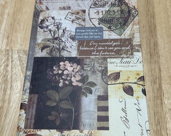 May include: A vintage-style journal with a collage of images and text. The cover features a floral design, a stamp with the text "HERMANN" and a quote that reads "Strange breeze is too gentle like as old friend like old times. I'm nostalgic because I can't see you and the future."