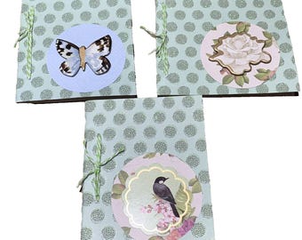 3 Junk Journal Notebooks Handmade Green Birds Butterflies Flowers