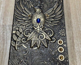 3D Phoenix Journal Vintage Retro Notebook 5.75x8.25 Jewels Bird Dyed Paper