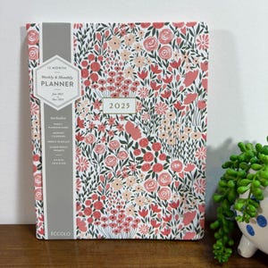 Planner 2025 con layout mensile e settimanale floreale rosa, tracker delle abitudini, note da fare, 8x10