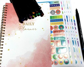 Undated Daily Planner, Stickers and Fine Tip Markers 8 x 5.5 inches Pink