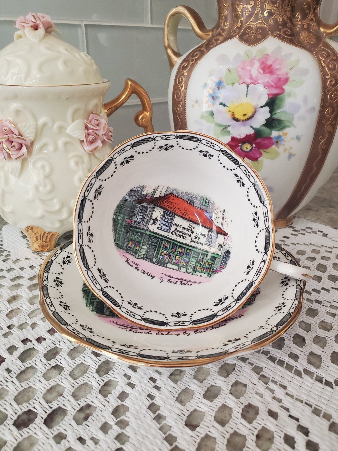 Rosina Bone China Teacup and Saucer, Chickens Old Curiosity Shop London