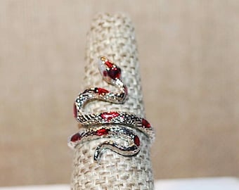 Silver Tone  Snake Ring (Size 7 1/2 -8) with Red Stone Eyes