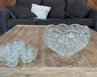 Vintage Daisy and Button Clear de SmithGlass, ponchera de frutas con 13 tazas