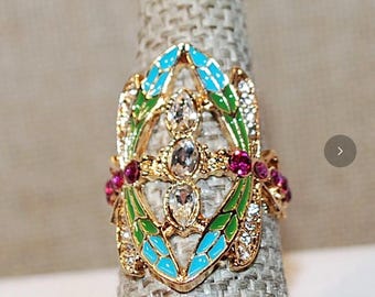 Double Dragonfly Enamel and Gold Tone Ring (Size 7 1/2 -8)