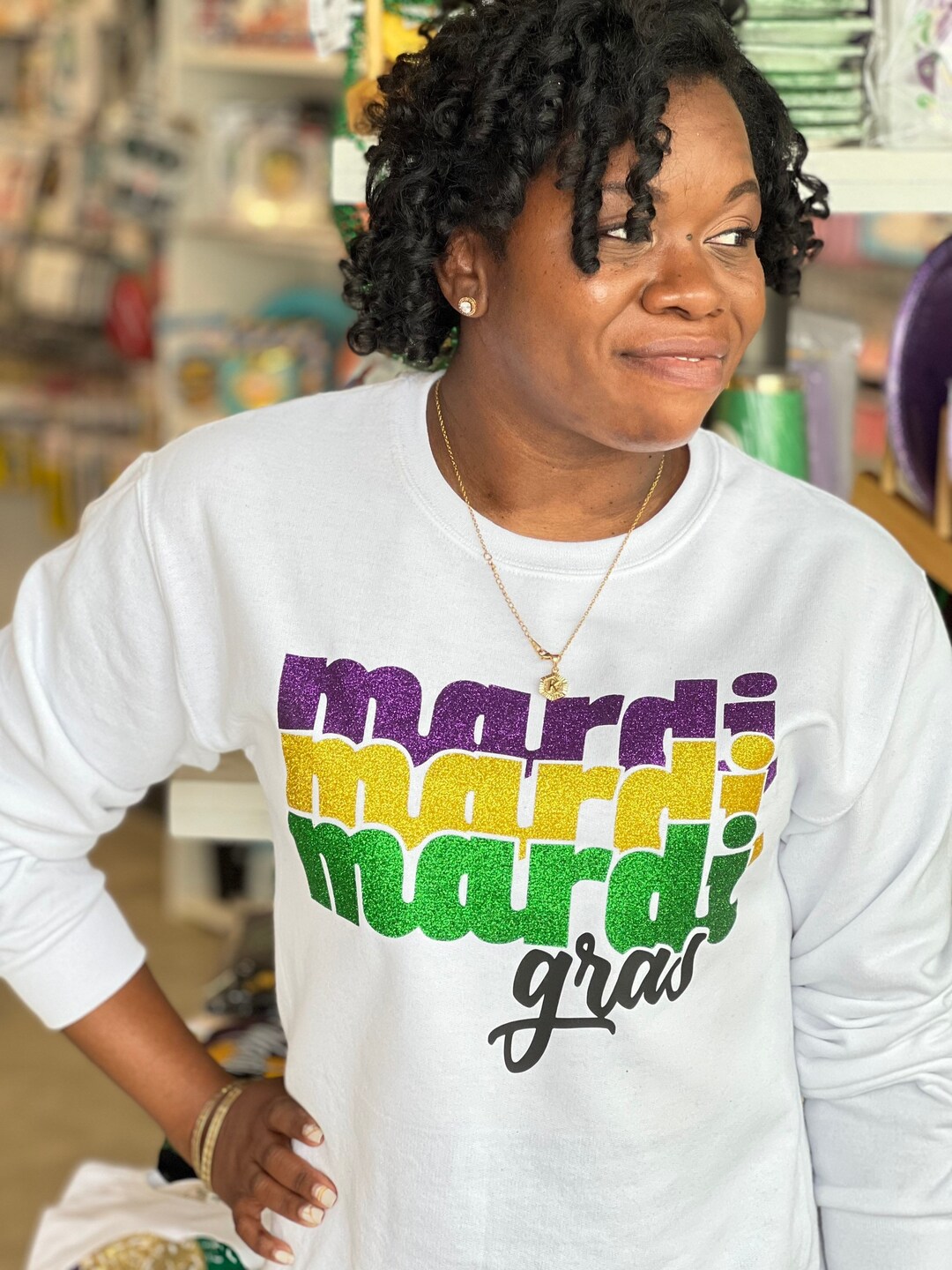 Mardi Gras Sweater with Contrast Stitching