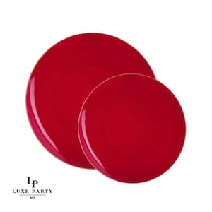 Red • Gold Round Plastic Plates | 10 Pack Christmas