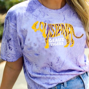 Geaux Tigers Tie-Dye, Purple & Gold Tigers, Baton Rouge, Tiger Apparel, Tie-Dye Shirts