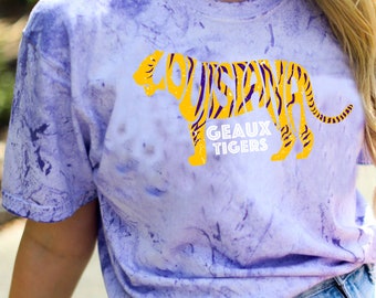 Geaux Tigers Tie-Dye, Purple & Gold Tigers, Baton Rouge, Tiger Apparel, Tie-Dye Shirts