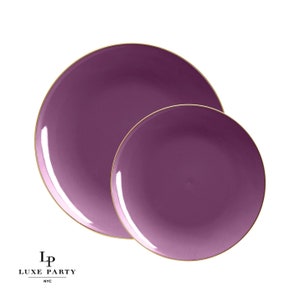 Purple Premium Plates Round Plates • Gold Rim Plastic Reusable Plates | 10 Pack Christmas