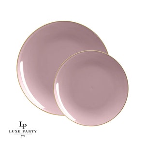 Mauve Premium Round Plates • Gold Rim Plastic Reusable Plates | 10 Pack Christmas
