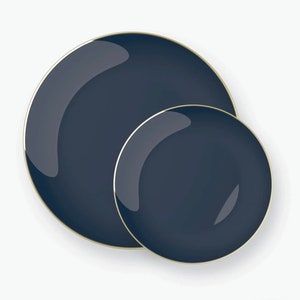Navy Blue Premium Round Plates • Gold Rim Plastic Reusable Plates | 10 Pack Christmas