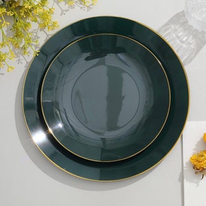 Emerald Green - Gold Premium Round Plates • Gold Rim Plastic Reusable Plates | 10 Pack