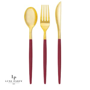 Cranberry • Gold Plastic Cutlery Set | 32 Pieces thanksgiving