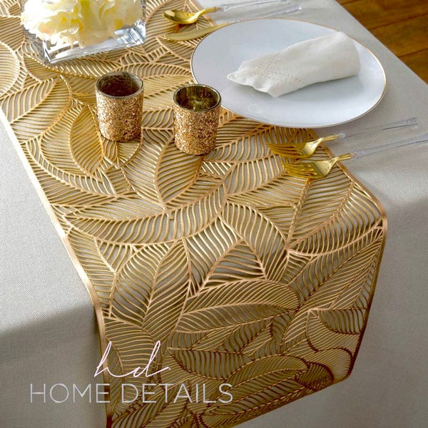 Vinyl Leaf Rope Laser Cut Table Runner in Metallic Gold