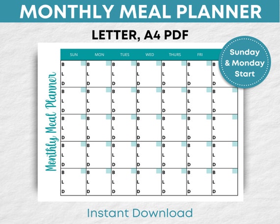 Monthly Meal Planner Printable Monthly Menu Plan Meal Plan | Etsy