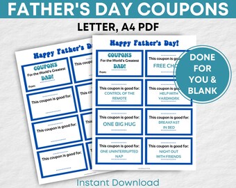 Fathers Day Coupons, Printable Coupon, DIY Coupon Book, Blank Coupon, Coupon Book For Dad, Love Coupons, Coupon Template | Letter, A4 PDF