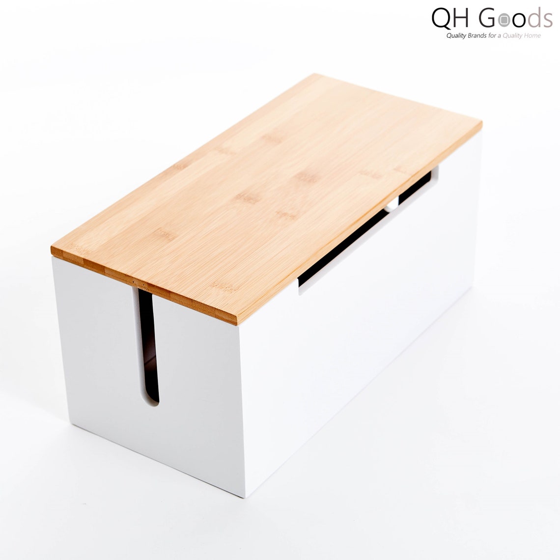 Bamboo Cable Management Box Large White Wood Storage Etsy