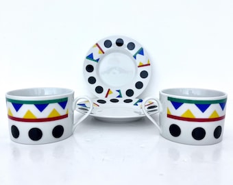 Vintage Mocca Coffee Cups with Saucers / Memphis Style / Postmodern Design / Set of two / 1980s