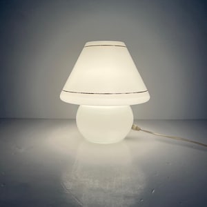 Vintage All-glass White Mushroom Table Lamp / Gold Stripes / 80s / Hollywood Regency / Opal Glass Lamp /