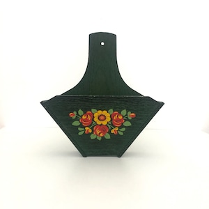 Suporte de parede de madeira pintado à mão / Bolso de parede vintage / Caixa de armazenamento de cozinha / Flor de arte popular pintada à mão / EMSA / Fabricado na Alemanha