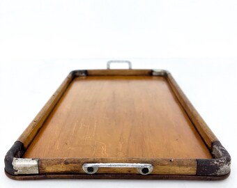 Vintage Handmade Wooden Serving Tray with Metal Handles / Perfume Bottle / 1980s