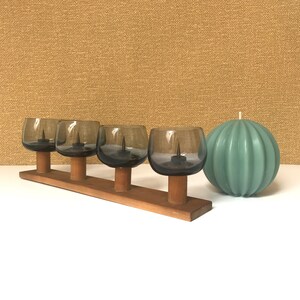 Vintage Candlestick Holder / Candle Holder / Grey Glass and Wood / 1970