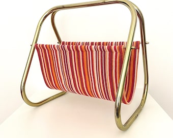 Vintage Newspaper Gold Metal Stand with Red Textile / Magazine Holder / Book Holder / Magazine Gold Rack Metal and Textile / Retro HomeDecor