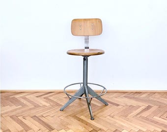 Silla giratoria de fábrica vintage / Asiento y respaldo de madera maciza / Oficina / Escritorio