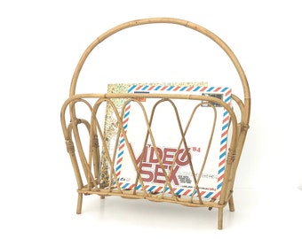 Vintage Bamboo Rattan Magazine Rack / Newspaper Stand / 1970