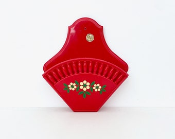 Tasca da parete in plastica vintage EMSA / Fiore rosso in stile folk / Contenitore da cucina / Prodotto in Germania