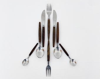 Vintage Amefa Holland Cutlery / Flatware / Stainless steel and Teak / 8 piece Set / 1960s