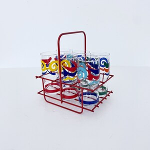 Vintage Water Glasses Set with Metal Carrier / Colorful Swirl Design