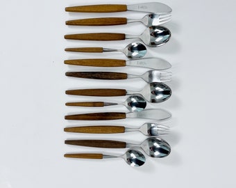 Vintage Ses Helle Cutlery / Flatware / Stainless steel and Teak / 12 piece Set / 1960s