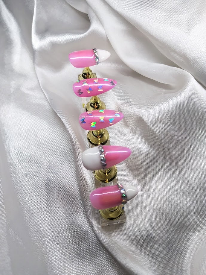 Pink and white almond press on nails with holographic | Etsy