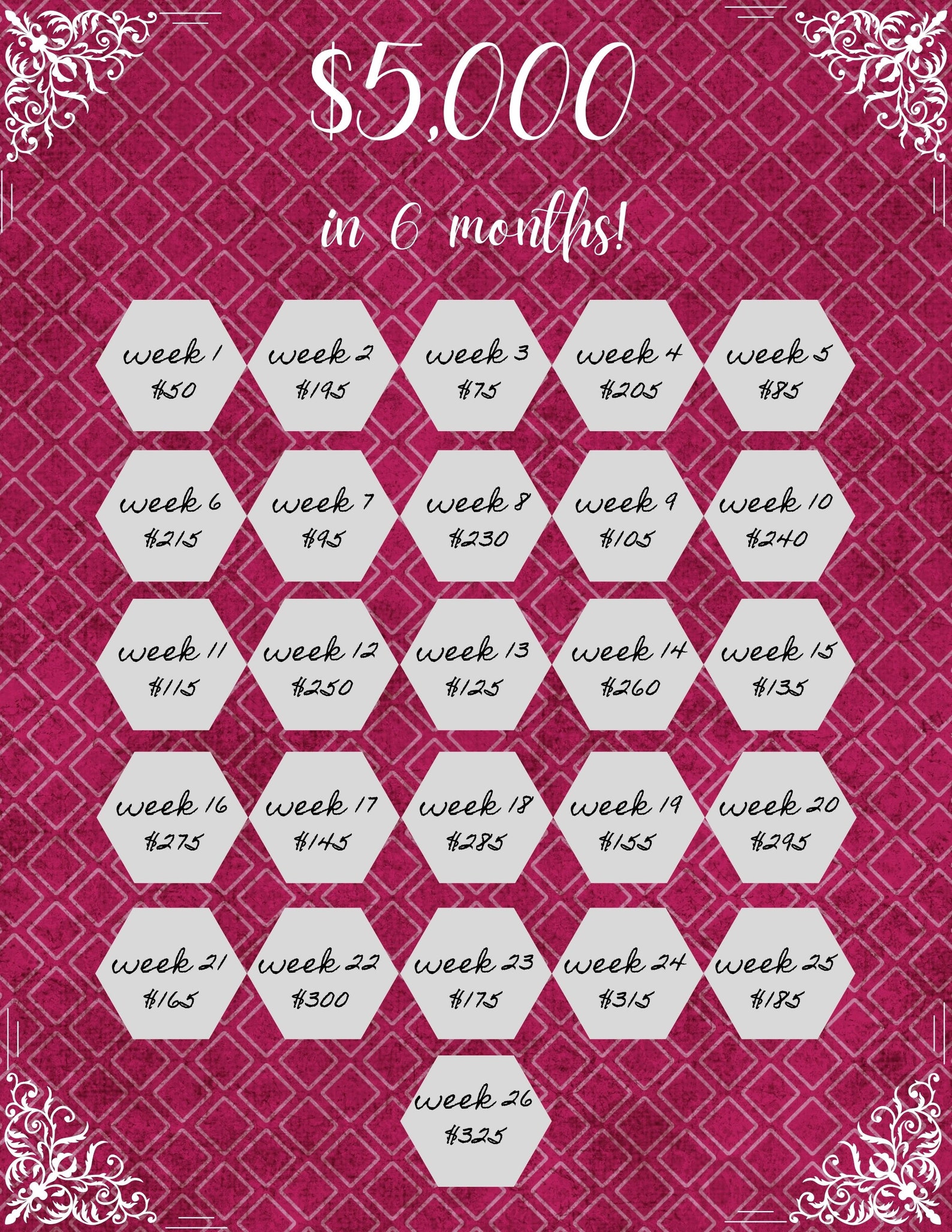 Money Saving Challenge Printable Save 5000 in 6 Months Savings Tracker ...
