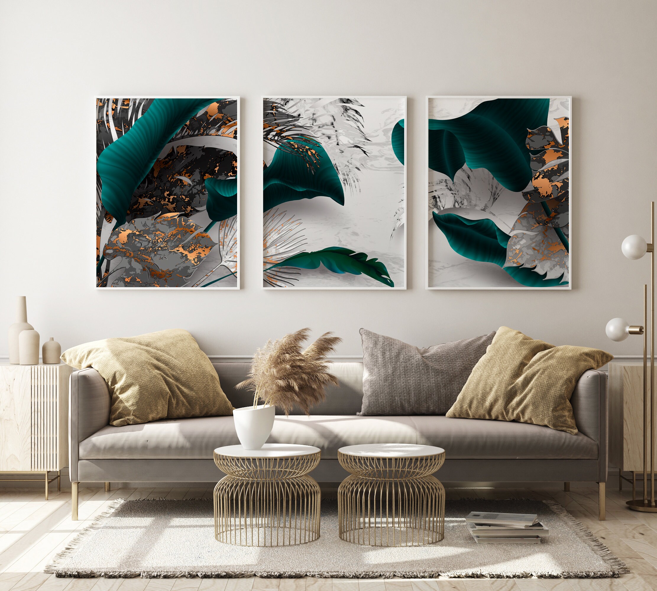 Botanical Green and Gold Leaf Prints Set of 3 Leaf Wall Art | Etsy