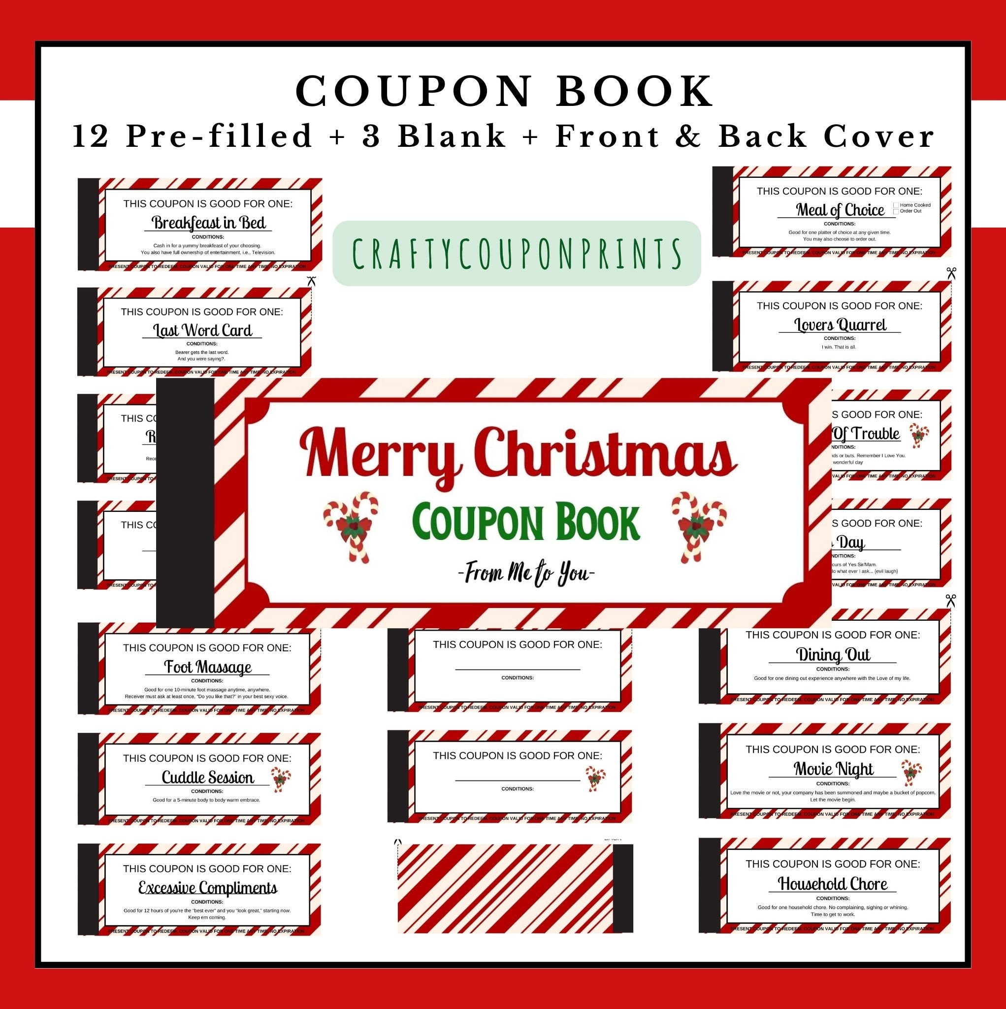 Christmas Candy Cane Coupon Book, Printable Love Coupons, Couples