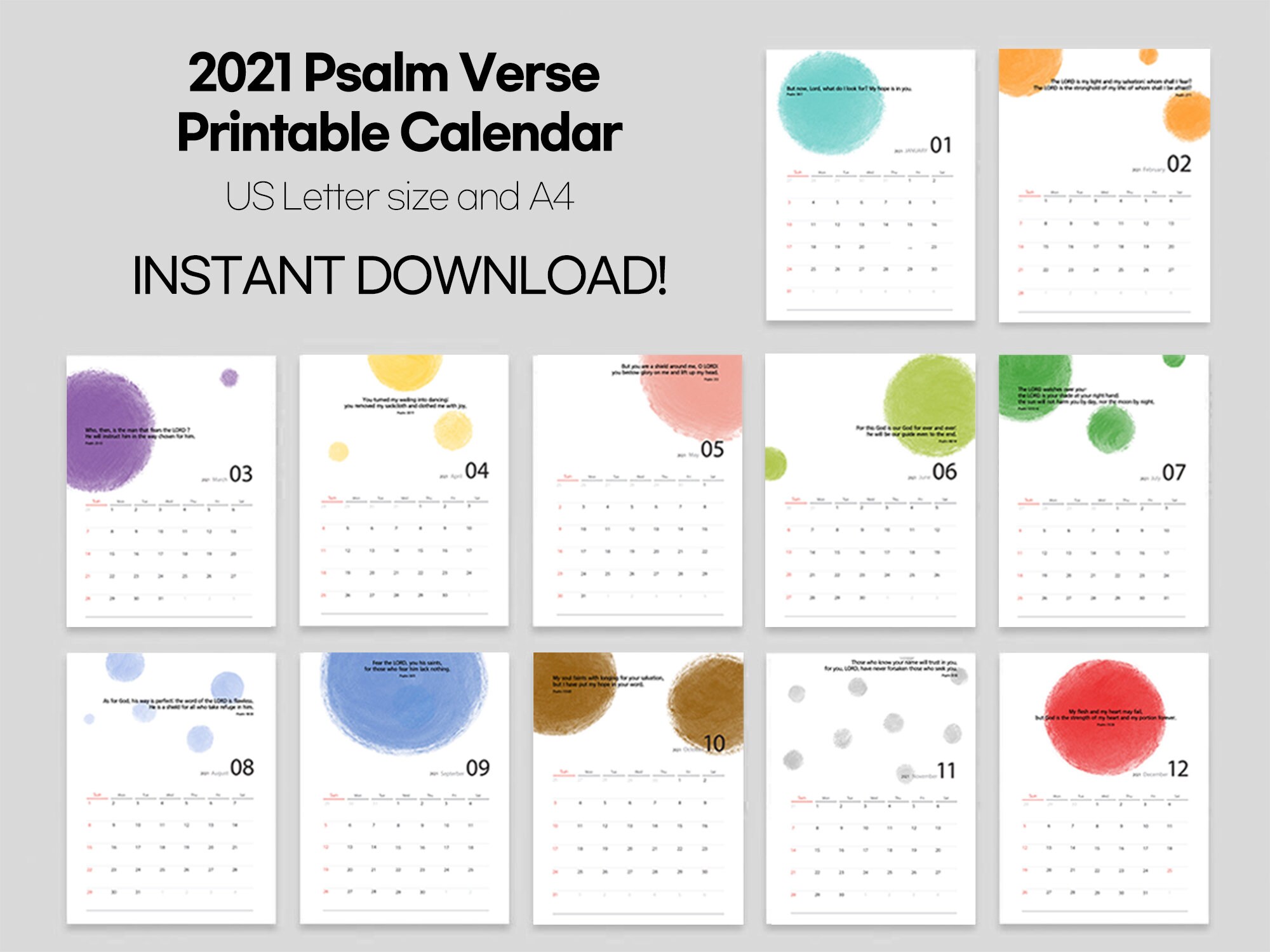 2021 Bible Verse Printable Calendar, Psalm, Christian Calendar, US ...