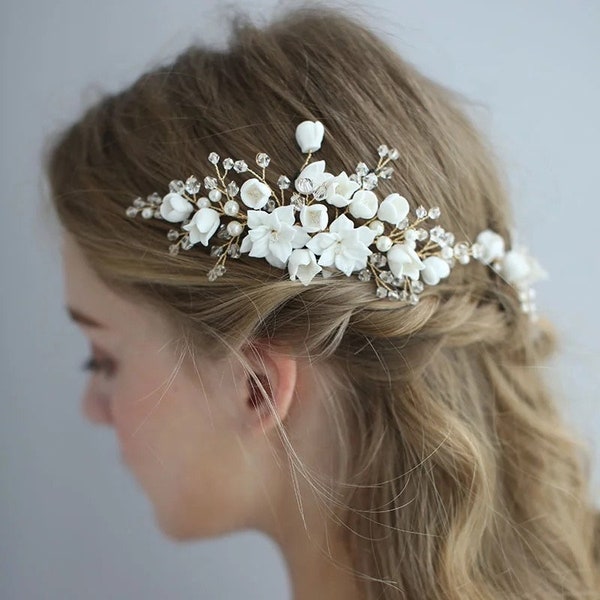 Wedding Hair Piece | Gold Bridal Headpiece | Clay Flower Hair Comb | Bridal Hair Piece | Floral Hair Comb