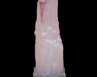 May include: A large, pink selenite crystal with a hexagonal base. The crystal has a rough, textured surface and a reddish-brown streak running down the side.
