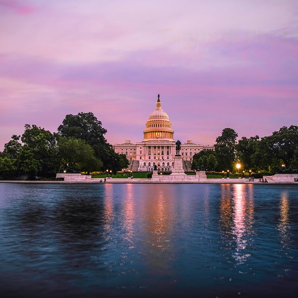 Set of Two. USA Capitol Building and Reflection at Sunset and Night Washington DC Photography Digital Download Printable wall Art.