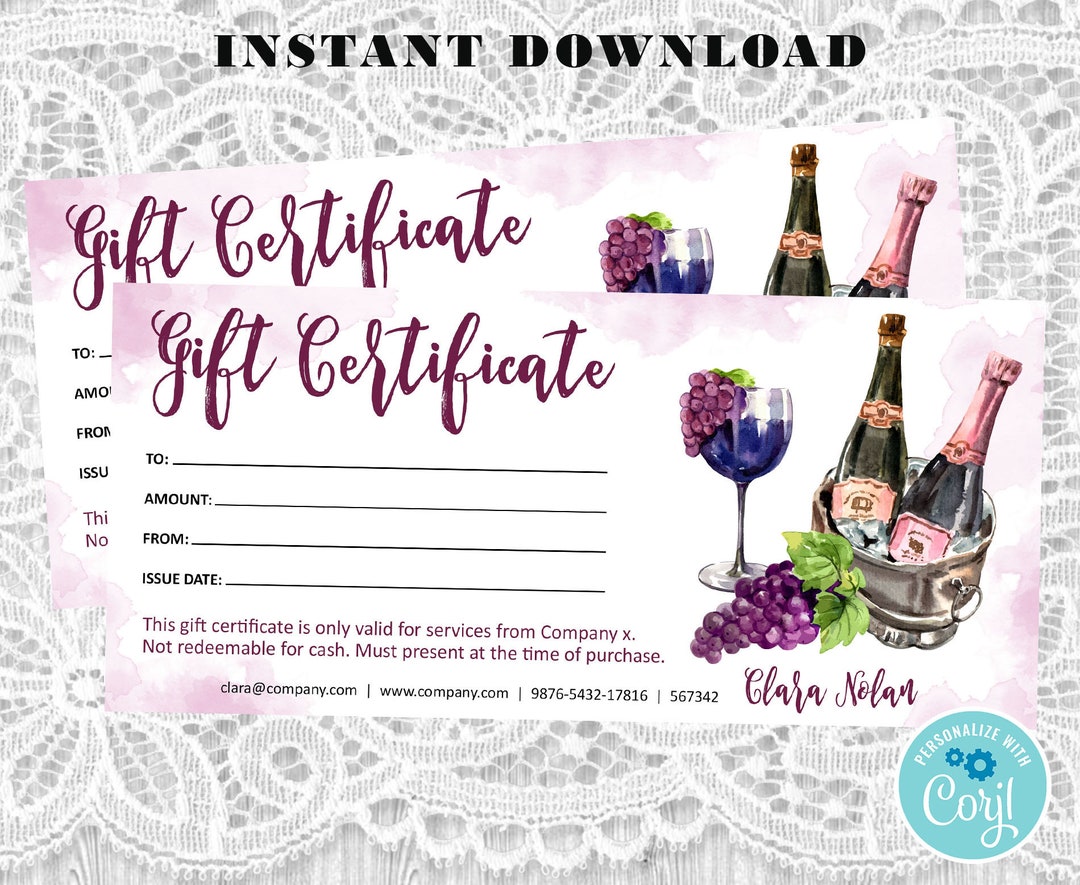 Wine Gift Certificate Holiday Printable Gift Voucher Editable - Etsy