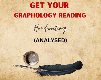 May include: A vintage-style image with the text "GET YOUR GRAPHOLOGY READING Handwriting (ANALYSED)" in red. A silver inkwell and a black and silver quill pen are on a textured, beige background.
