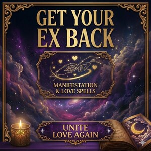 May include: An image with the text "GET YOUR EX BACK" in gold lettering. Below, a framed image with the text "MANIFESTATION & LOVE SPELLS" and an illustration of hands reaching for each other. A lit candle and an open book are also visible.