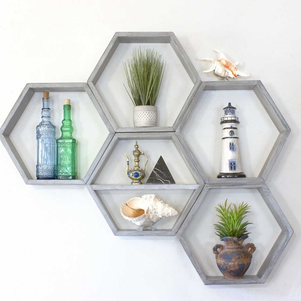 Hexagon Shelves Wood  3.5" Depth Stained Farmhouse Floating Wall Shelf Handmade in USA